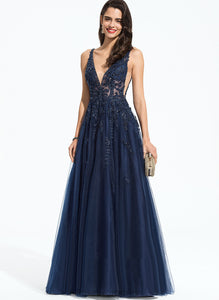 Aiyana Sequins A-Line V-neck Floor-Length Tulle Lace Beading With Prom Dresses