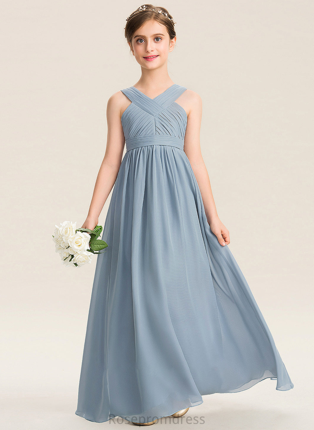 Junior Bridesmaid Dresses With Ruffle A-Line Floor-Length V-neck Chiffon Shyla