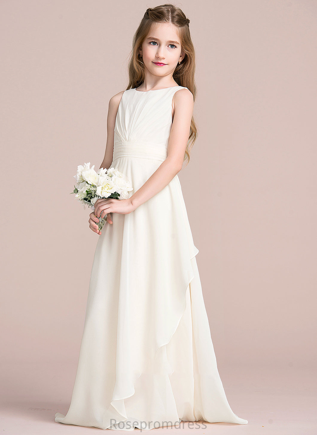 A-Line Floor-Length Junior Bridesmaid Dresses Louise Scoop Chiffon Neck Cascading Ruffles With