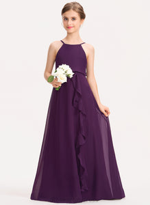 Junior Bridesmaid Dresses Scoop Cascading Ruffles Neck Ayla A-Line With Floor-Length Chiffon Bow(s)
