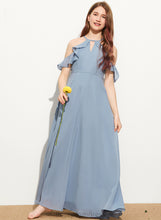 Load image into Gallery viewer, Junior Bridesmaid Dresses With Floor-Length Scoop Cascading Bow(s) Camilla Neck Ruffles A-Line Chiffon