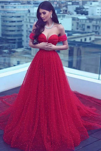Gorgeous Tulle Red Off the Shoulder Sweetheart A-Line Lace up Wedding Dresses RS498