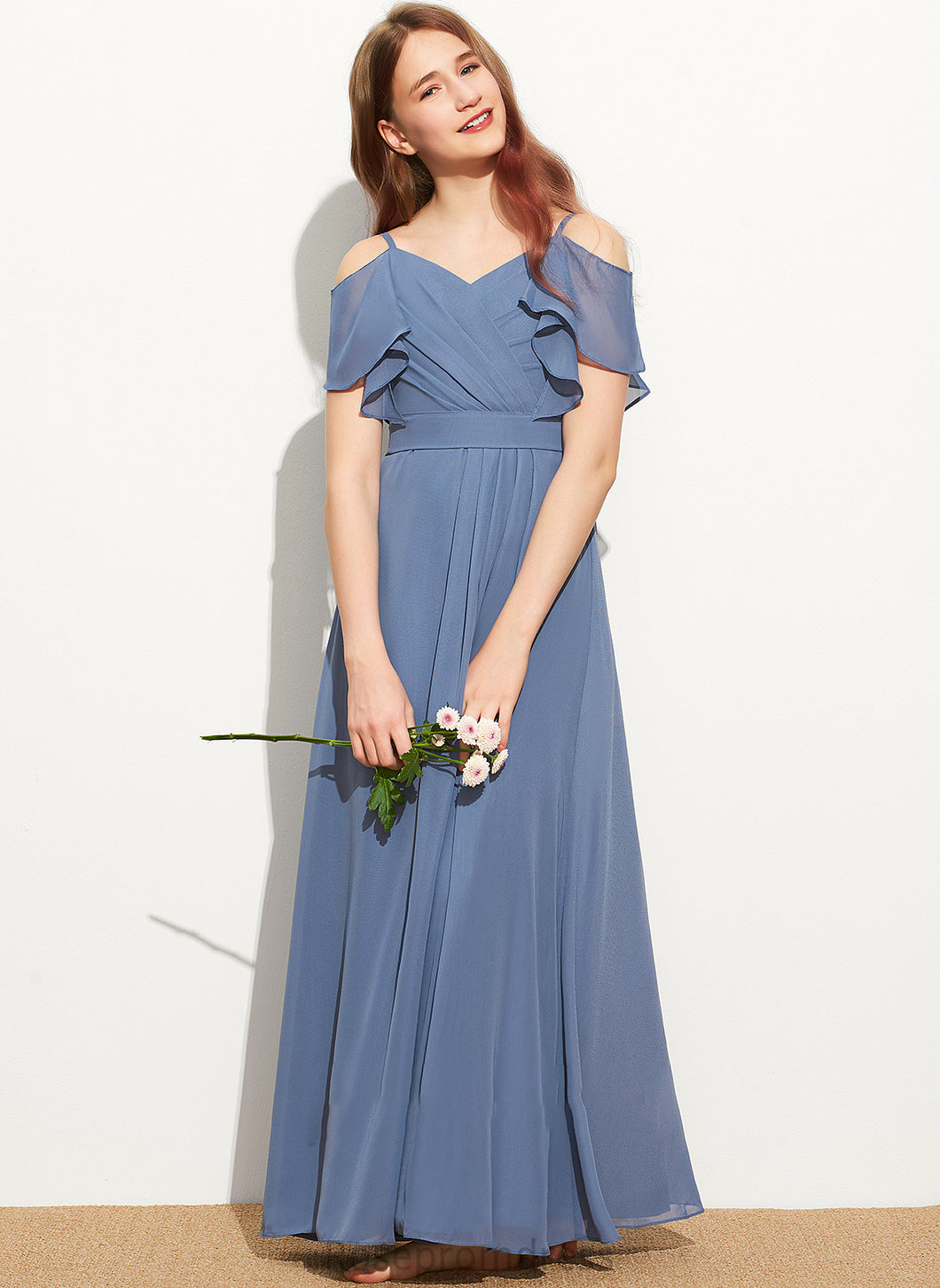 Junior Bridesmaid Dresses A-Line With Aryana Bow(s) Ruffle Floor-Length Off-the-Shoulder Chiffon