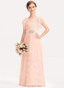 Ruffles Cascading Bow(s) With Lace Neck A-Line Scoop Junior Bridesmaid Dresses Beading Floor-Length Evelin