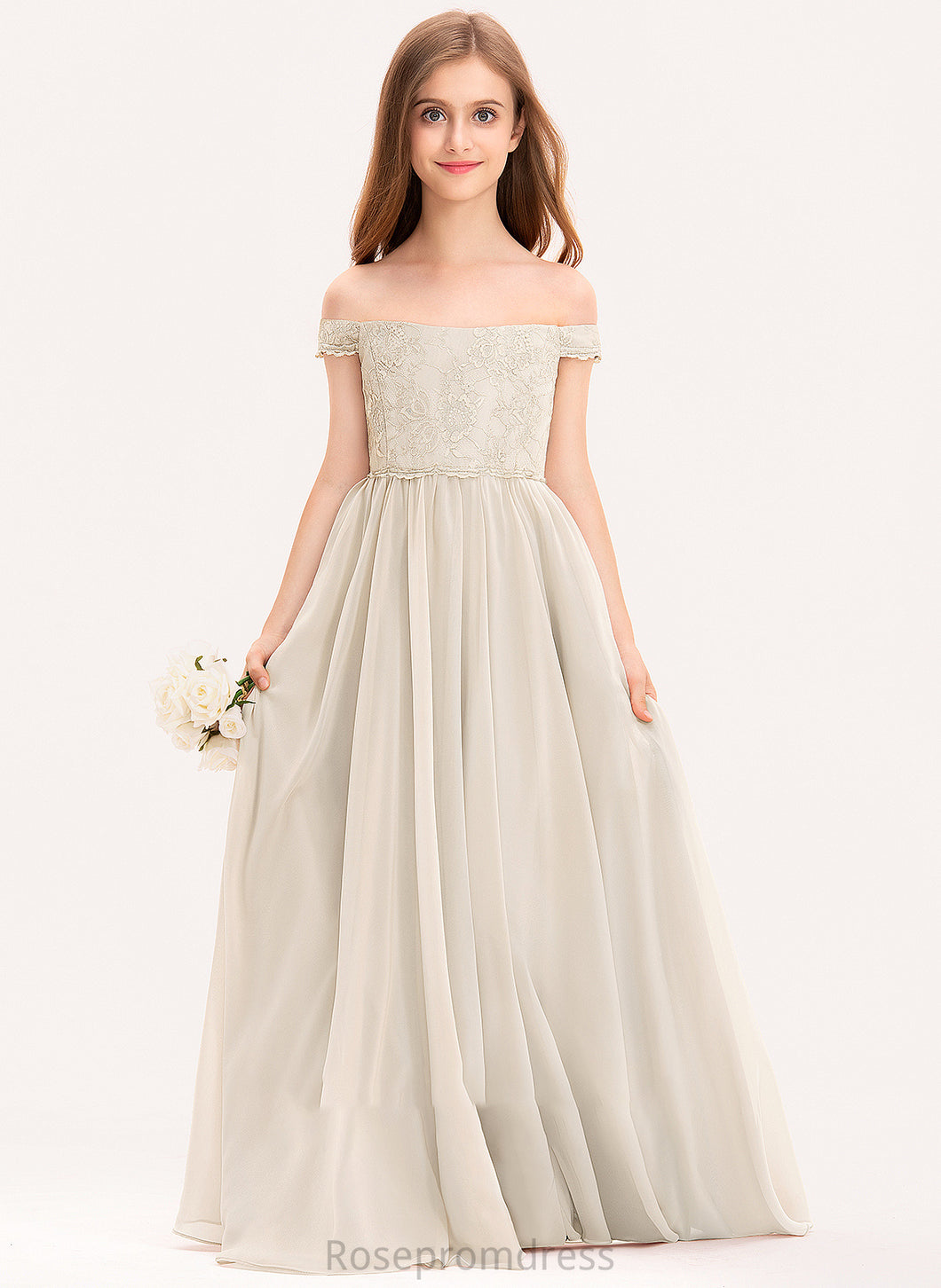 A-Line Off-the-Shoulder Floor-Length Lace Thelma Junior Bridesmaid Dresses Chiffon