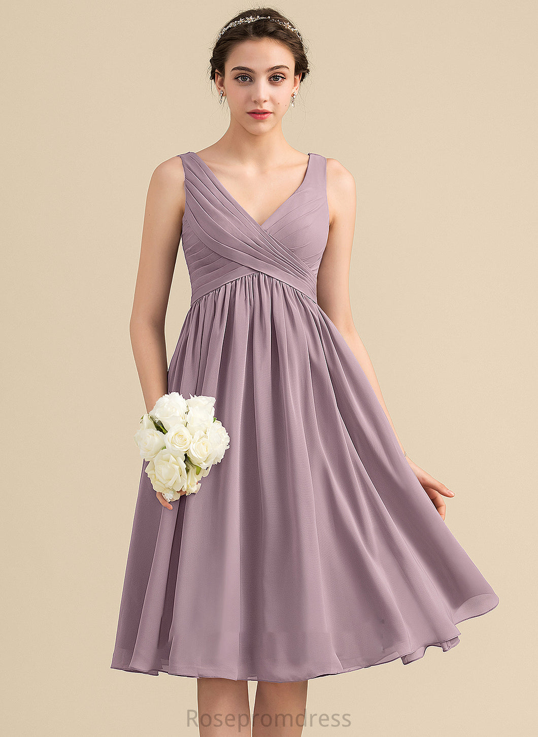 Fabric Knee-Length Embellishment Neckline Silhouette Empire V-neck CascadingRuffles Length Tania Bridesmaid Dresses