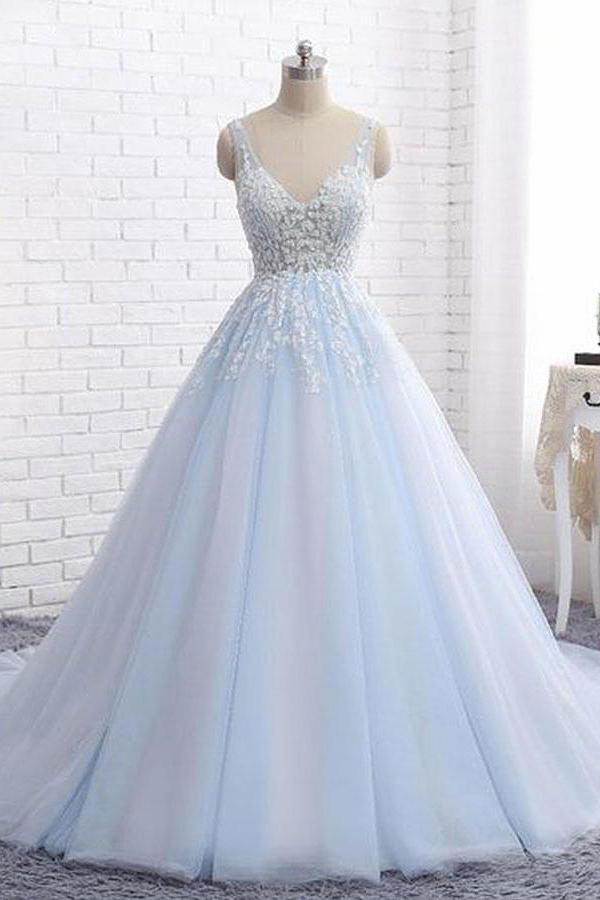 Sexy Ball Gown Tulle Sky Blue V-neck Appliques Brush Train Long Sleeveless Prom Dresses RS505