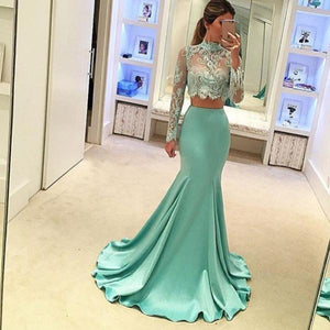 Pretty Two Pieces High Neck Long Sleeve Lace Prom Dress Sexy Mermaid Prom Dresses RS682