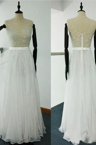 Sheer Beach Ivory Scoop A Line Beaded Embroidery Tulle Chiffon Wedding Dresses RS351