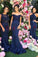 Stylish Halter Open Back Mermaid Navy Blue Bridesmaid Dress with Lace Beading RS613
