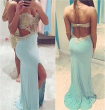 Load image into Gallery viewer, Sexy Slit Long Sweetheart Backless Strapless Green Mermaid Beads Prom Dresses RS973