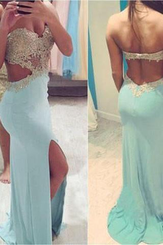Sexy Slit Long Sweetheart Backless Strapless Green Mermaid Beads Prom Dresses RS973