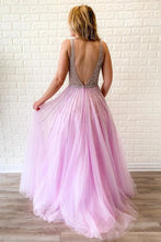 Load image into Gallery viewer, A Line Lilac Deep V Neck Beads Modest Tulle Prom Dresses, Long Formal Dresses SRS15490