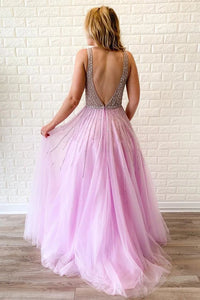 A Line Lilac Deep V Neck Beads Modest Tulle Prom Dresses, Long Formal Dresses SRS15490