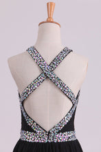 Load image into Gallery viewer, 2024 Black Prom Dresses A Line Chiffon With Beads And Slit Cross Back