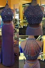 Load image into Gallery viewer, Two Piece Column Purple Sheath Crew Neck Sweep Train Beading Halter Formal Dresses RS51