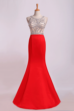 Load image into Gallery viewer, 2024 Prom Dresses Two-Tone Bateau Mermaid Beaded Bodice Satin&amp;Tulle Sweep Train