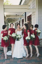 Load image into Gallery viewer, A Line Burgundy Lace Cap Sleeve Bridesmaid Dresses, Knee Length Short Wedding Party Dresses SRS14995