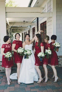 A Line Burgundy Lace Cap Sleeve Bridesmaid Dresses, Knee Length Short Wedding Party Dresses SRS14995
