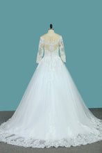 Load image into Gallery viewer, 2024 A Line 3/4 Length Sleeves Tulle Scoop Wedding Dresses With Applique