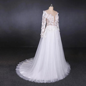 Long Sleeves White A-line Tulle Beach Wedding Dresses with Lace Appliques, Bridal Dress SRS15255