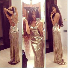Load image into Gallery viewer, Sparkly Gold Sequins V-Neck Criss Cross Sleeveless Sheath Backless Prom Dresses BD086