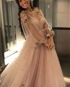 Sparkly Long Sleeves Beading Prom Dresses with Hand Made Flowers, Long Dance Dresses SRS15536