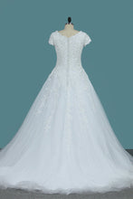 Load image into Gallery viewer, 2024 Tulle Wedding Dresses V Neck Short Sleeves With Applique Court Train