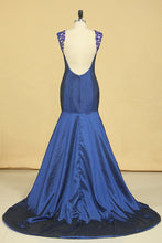 Load image into Gallery viewer, 2024 Dark Royal Blue Scoop Prom Dresses Mermaid Taffeta Sweep Train With Beading