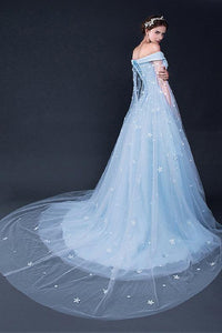 2024 Light Sky Blue Prom Dresses Sweep/Brush Train Tulle Prom Dress/Evening Dress