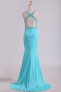 2024 Open Back Scoop With Beading And Slit Spandex Prom Dresses