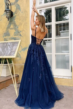 Load image into Gallery viewer, Elegant V Neck Appliques Long Prom Dresses Spaghetti Straps Evening SRSP37YZLFA