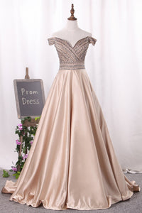 2024 New Arrival Off The Shoulder Satin A Line Prom Dresses Beaded Bodice