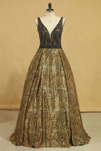 Load image into Gallery viewer, 2024 Animal Print V Neck Beaded Bodice A Line Prom Dresses