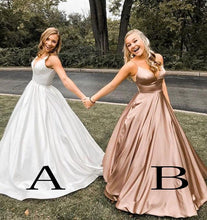 Load image into Gallery viewer, Simple A Line Spaghetti Straps V Neck Prom Dresses with Pockets, Backless Long Dance Dress SRS15384
