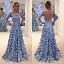 Load image into Gallery viewer, Lace Evening Dress Blue Prom Gowns Modest Prom Dresses For Teens Formal