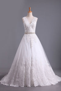 2023 Bridal Dresses A Line V-Back Tulle Chapel Train V-Back Applique & Sash