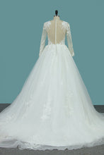 Load image into Gallery viewer, 2023 Scoop Long Sleeves Tulle Wedding Dresses With Applique Chapel Train