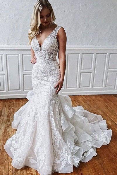 Stunning Mermaid Lace V Neck Backless Wedding Dresses Straps Wedding Gowns SRS15438