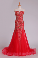 Load image into Gallery viewer, 2024 Sweetheart Prom Dresses Tulle With Beading Mermaid Sweep Train