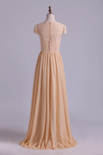 Load image into Gallery viewer, 2024 Scoop Bridesmaid Dresses A Line Lace Bodice Chiffon Sweep Train