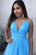 Load image into Gallery viewer, A Line Sky Blue Spaghetti Straps V Neck Tulle Prom Dresses, Cheap Evening Dresses SRS15554