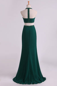2024 Sexy Open Back Prom Dresses Scoop Chiffon With Ruffles And Beads