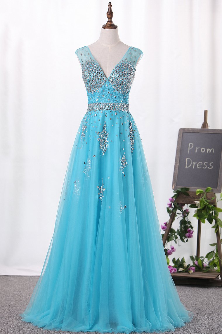 2023 V-Neck A-Line Prom Dresses Tulle With Beadings Open Back Zipper Up