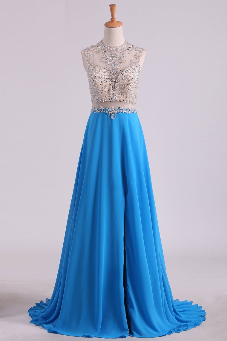 2023 Scoop A Line Prom Dresses Beaded Bodice Chiffon & Tulle With Slit