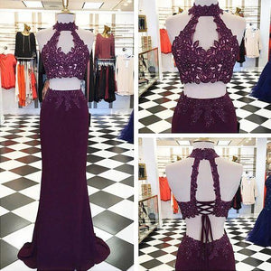 Beading Appliques Halter Stretch Satin Two Pieces Prom Dresses 2024 RS667