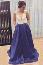 Load image into Gallery viewer, 2023 A Line V Neck Prom Dresses Satin With Beading Sweep Train Zipper Up