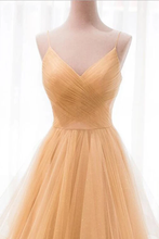 Load image into Gallery viewer, Spaghetti Straps V Neck Sparky Long Prom Dress Backless Pleated Tulle Party SRSPBA8153J