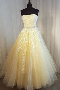 A Line Yellow Strapless Tulle Lace Appliques Prom Dresses, Party SRS15617