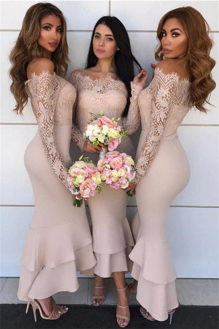 Long Sleeves Mermaid Sheath Lace Bridesmaid Dresses Elegant Wedding Party Dresses